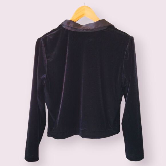 Vtg SAG HARBOR Black Velour Button Down Size LP Boxy Satin Trim Long Sleeve 90s - Picture 3 of 8